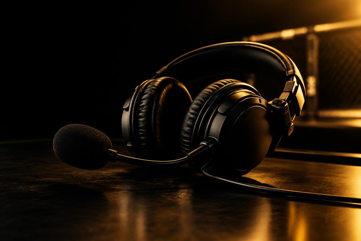 Placeholder visual — commentator headset under gold light