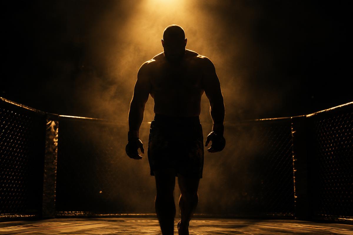 Placeholder visual — heavyweight fighter silhouette in the cage