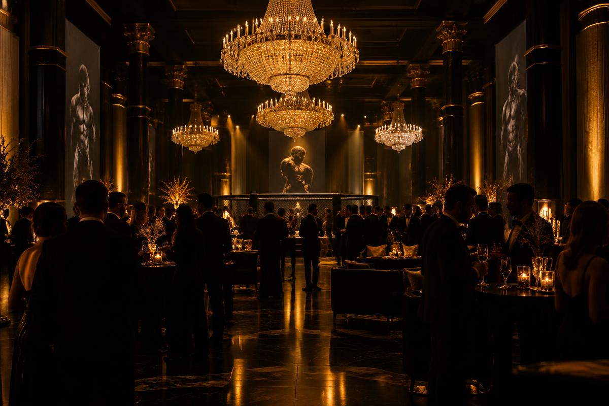 Placeholder visual — formal black-and-gold launch venue